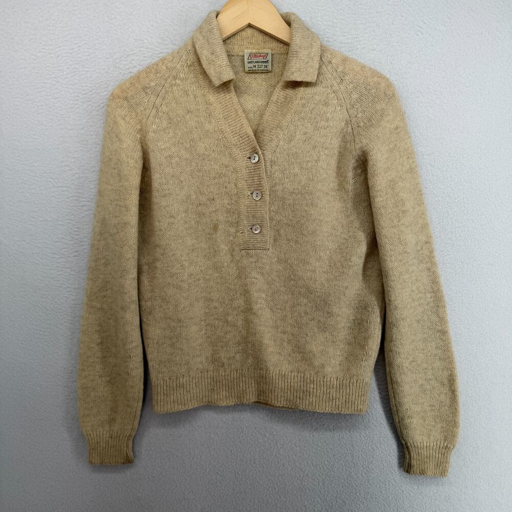 ST MICHAEL Sweater Womens 14 Shetland Wool Polo 80s Grandma Pullover Beige VTG